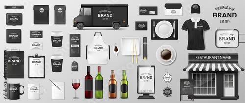 Restaurant Corporate Branding identity template. Realistic MockUp design for Coffee, Cafe, Fast food, set of uniform, delivery truck, envelope, cup. Vector illustration