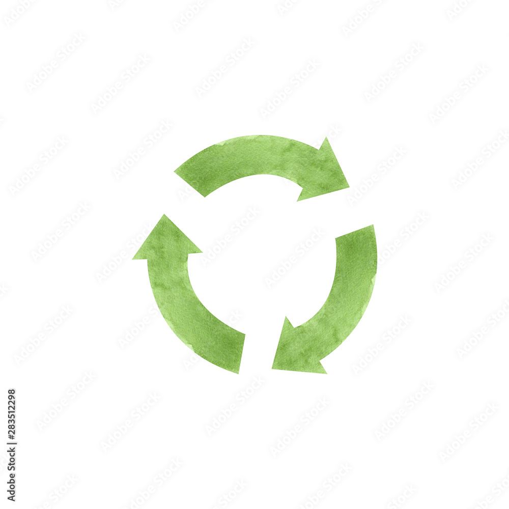 Watercolor green recycling sign isolated on white background. Hand drawn reuse symbol for ecological design. Zero waste lifestyle. Watercolor green recycling sign isolated on white background. Hand drawn reuse symbol for ecological design. Zero waste lifestyle.