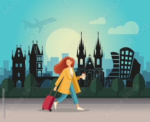 A girl with a suitcase and walking on the background of an abstract landscape of Prague