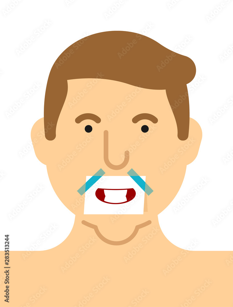 Happy mouth Sticker on face. Smiling guy face. Vector illustration