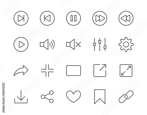 Media player simple flat line icons set. Play button, expand, full screen, download, sound, bookmark vector illustrations. Outline signs for multimedia interface. Pixel perfect 64x64. Editable Stroke