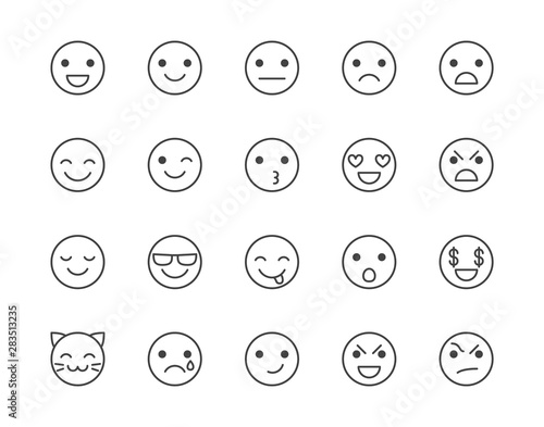 Emotions flat line icons set. Happy face, sad, anger, smile, facial expression emoticon vector illustrations. Outline signs for customer experience feedback. Pixel perfect 64x64. Editable Strokes