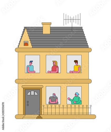 Family house. Family members in windows. Home vector illustration