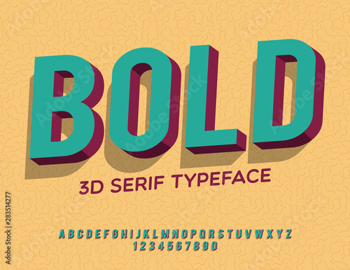 Bold. 3D serif font. Modern type with shadow for brand logotype.