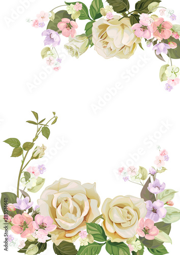 Wedding invitation with bouquet of pink, white roses: flowers, spring blossom...