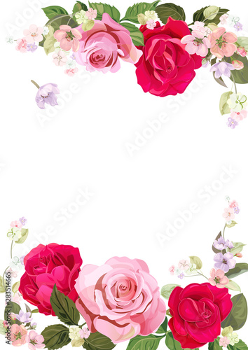 Wedding invitation with bouquet of pink, red roses: flowers, spring blossom, ...