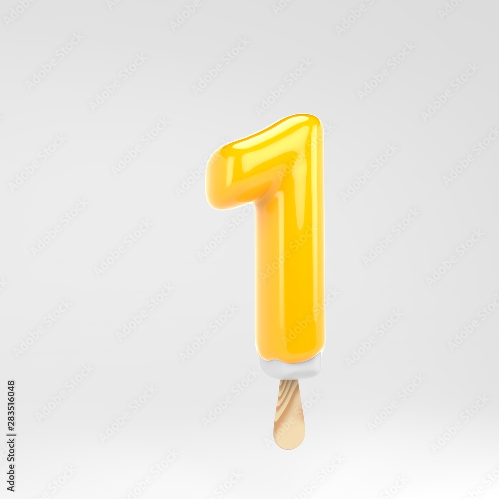 Ice cream number 1. Yellow popsicle alphabet. 3d rendered dessert lettering isolated on white background. Ice cream number 1. Yellow popsicle alphabet. 3d rendered dessert lettering isolated on white background.