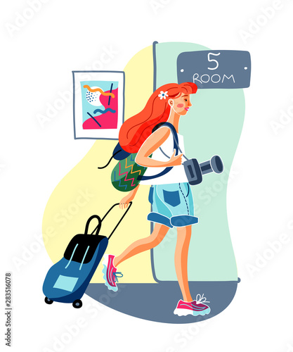 Dormitory check in flat vector illustration