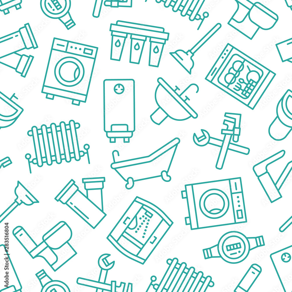 Obraz premium Plumbing service vector seamless pattern with flat line icons of house bathroom equipment, faucet toilet, washing machine, dishwasher. Plumber repair illustration, thin linear signs, handyman service
