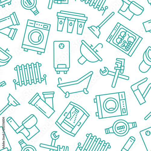 Plumbing service vector seamless pattern with flat line icons of house bathroom equipment, faucet toilet, washing machine, dishwasher. Plumber repair illustration, thin linear signs, handyman service
