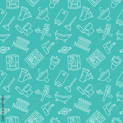 Plumbing service vector seamless pattern with flat line icons of house bathroom equipment, faucet toilet, washing machine, dishwasher. Plumber repair illustration, thin linear signs, handyman service