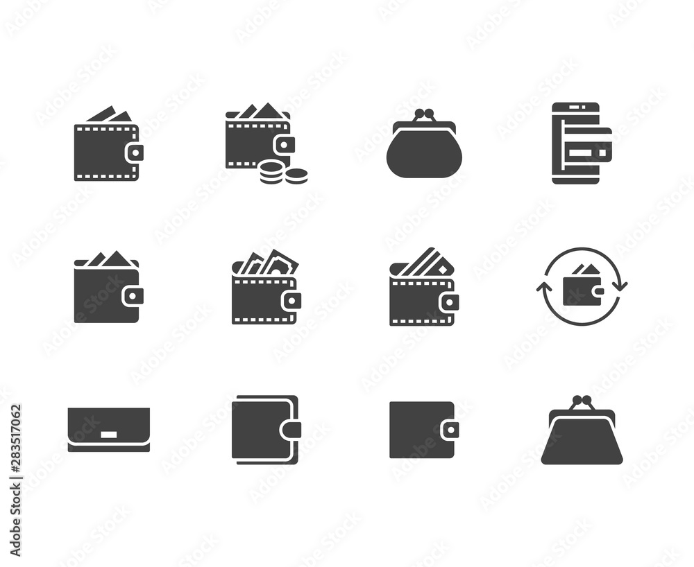 Wallet flat glyph icons set. Purse with money, coins, credit card, cashback, online payment vector illustrations. Finance outline signs. Silhouette pictogram pixel perfect 64x64