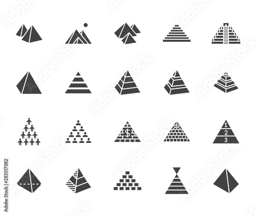 Pyramid flat glyph icon set. Egyptian monument, abstract process infographic, ponzi scheme, network marketing, leader concept vector illustrations, signs. Silhouette pictogram pixel perfect 64x64