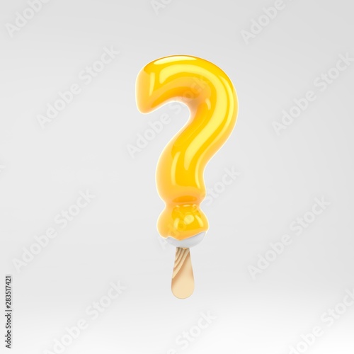 Ice cream question symbol. Yellow popsicle alphabet. 3d rendered dessert lettering isolated on white background.