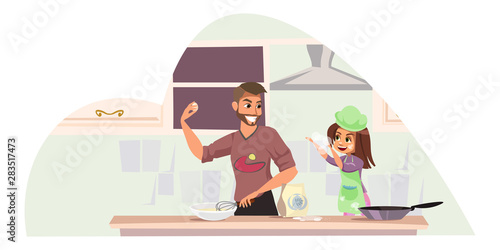 Father and daughter cooking flat illustration