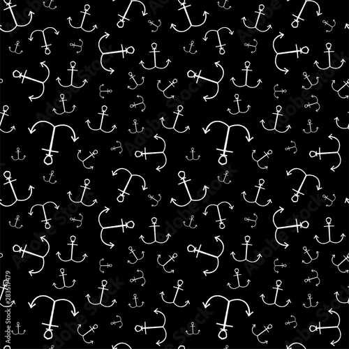 Seamless pattern white anchor on a black background 
