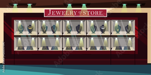 Jewelry store showcase flat vector illustration