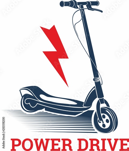 Dark blue electric scooter with lightning bolt icon. Ecology transport.