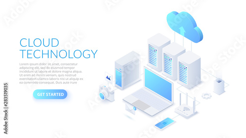 Isometric cloud technology with datacenter, laptop and other devices. Web hosting concept.