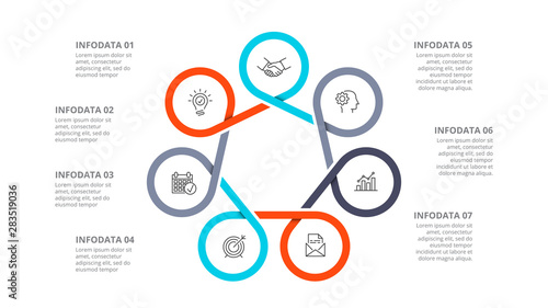 Cyclic diagram infographic with circles. Modern infographic design template with 7 options, steps or parts. Flat vector illustration for business presentation.