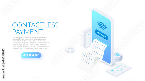 Isometric contactless payment concept for web page, presentation, social media. Vector illustration smartphone and credit card, online banking. Mobile payment.