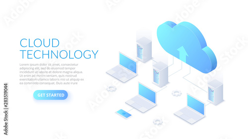 Isometric cloud technology with datacenter and laptops. Web hosting concept. Landing page template.