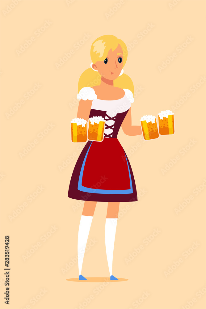 Waitress carrying beer mugs in pub vector illustration Waitress carrying beer mugs in pub vector illustration