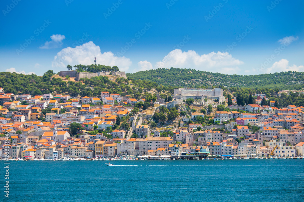City of Sibenik on the Adriatic coast in Dalmatia, Croatia, panoramic view from the sea