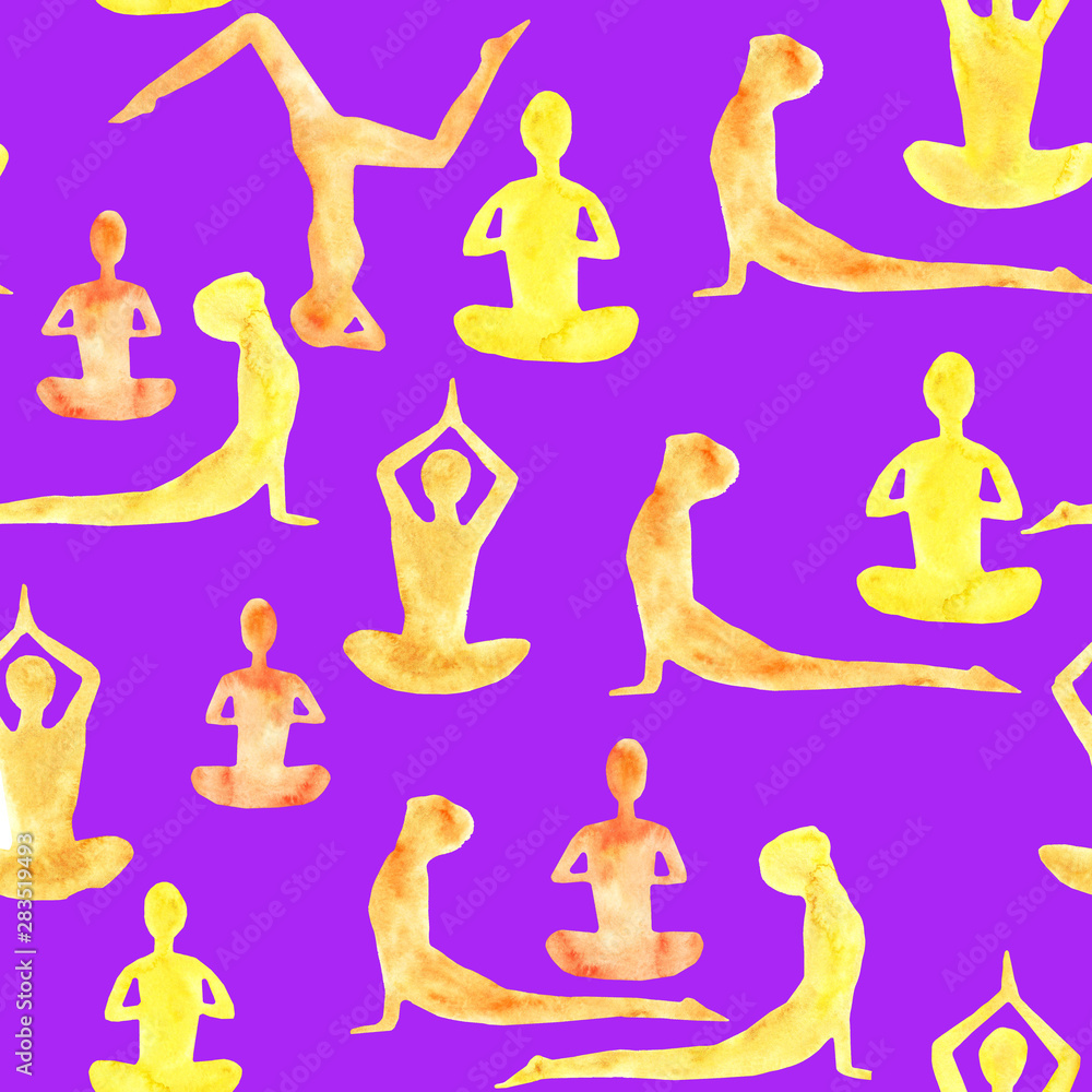 watercolor seamless pattern of silhouettes of people practicing yoga