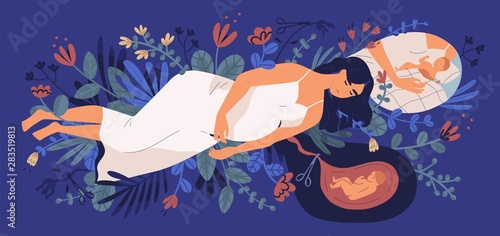 Sad young pregnant woman lying on blooming flowers, thinking of her unborn baby and making choice. Concept of abortion, unhappy pregnancy, maternal health. Flat cartoon colorful vector illustration.