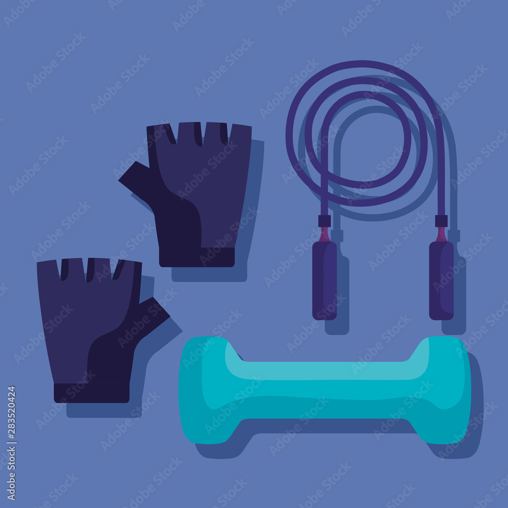 Fototapeta premium set of gloves with jumping rope and dumbbell