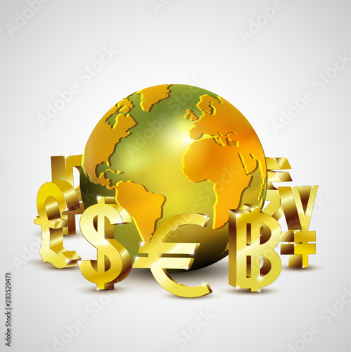 world currency symbols moving around 3d golden world, vector illustration