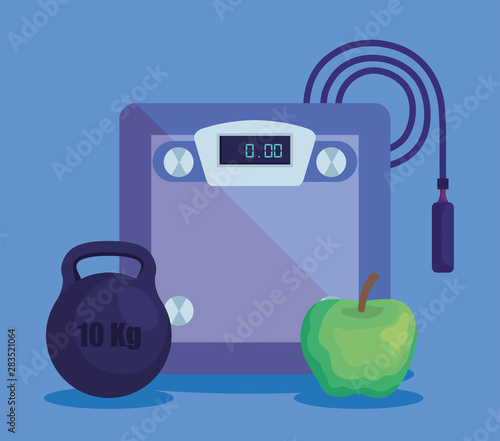 weighing machine with weight and apple with jumping rope