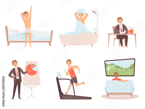 Man daily routine. Businessman work day morning night everyday lifestyle vector character. Day routine, daily work and leisure illustration