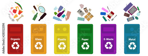 Garbage waste sorting and recycling illustration / guide. 