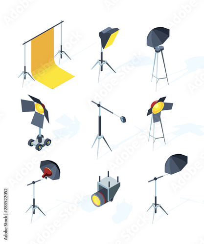 Studio equipment isometric. Photo or tv production tools spotlights softbox directional light umbrella tripod vector pictures. Illustration of screen projector, softbox and lightning for studio
