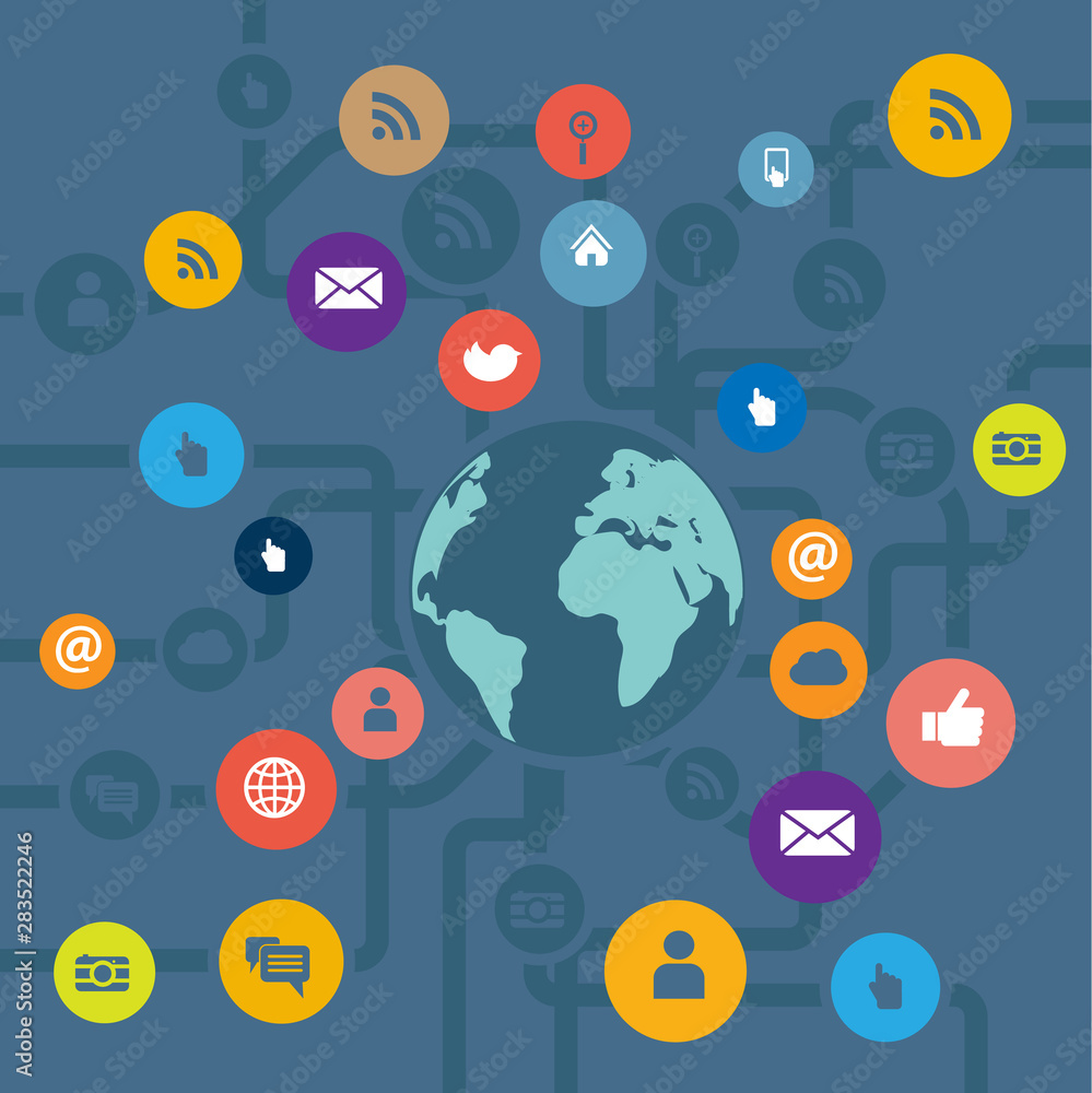 world and the social media icons network concept, vector illustration world and the social media icons network concept, vector illustration
