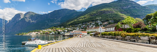 Village Aurlandsvangen at the coast of Aurlandsfjord, branche of Sognefjord and starting point of the National Scenic route Aurlandsfjellet photo