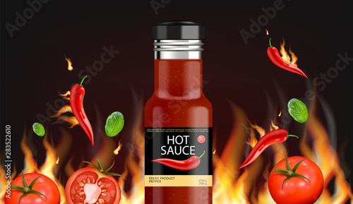 Hot chili sauce fire background vector realistic. Product placement mock up bottle. Label design advertise 3d illustrations