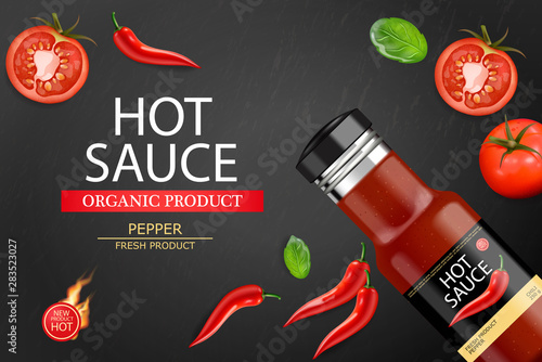 Hot chilli sauce vector realistic. Product placement mock up bottle. Label de...