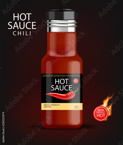 Hot chilli sauce vector isolated realistic. Product placement mock up bottle....
