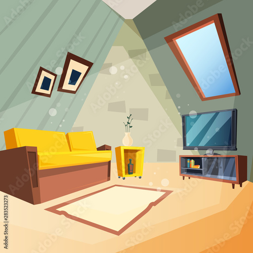 Attic. Bedroom for kids interior of attic room corner with window on ceiling vector picture in cartoon style. Illustration of cabinet interior with couch furniture