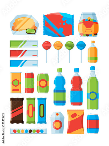 Snack fast food. Soda drinks chips nuts chocolate bars vendor machine products vector pictures. Illustration of product retail, drink and snacking, packaging fast food, chocolate and cracker