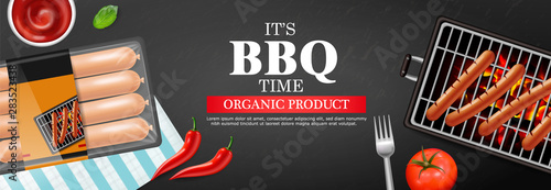 Bbq grill hot dog Vector realistic. Banner tasty menu brochure template hot sausages. 3d illustration foods
