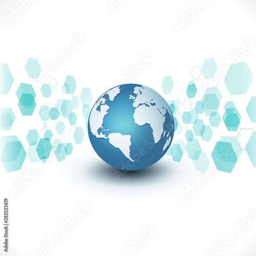 futuristic world network communication and technology concept on motion background, vector illustration