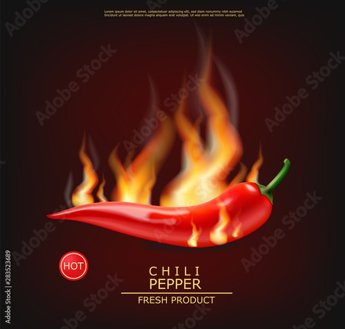Chili on fire vector realistic. Hot pepper advert concept. Dark background. 3d illustration burning food poster templates