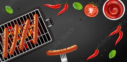 Bbq grill hot dog Vector realistic. Banner tasty menu brochure template hot s...