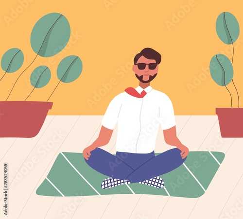 Clerk sitting with his legs crossed on floor and meditating. Manager in yoga position doing meditation, spiritual practice or discipline. Relaxation at office. Flat cartoon vector illustration.
