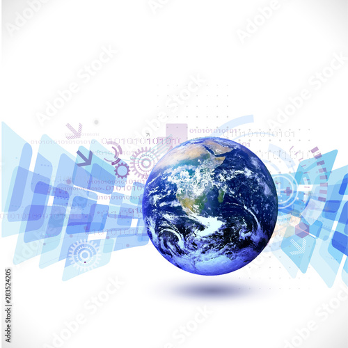world and futuristic technology with digital and gear element concept background (Elements of this image furnished by NASA), vector illustration