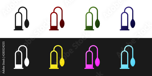 Set Penis pump icon isolated on black and white background. Penis enlarger. Sex toy for men. Vacuum pump with a blower to increase the penis. Vector Illustration